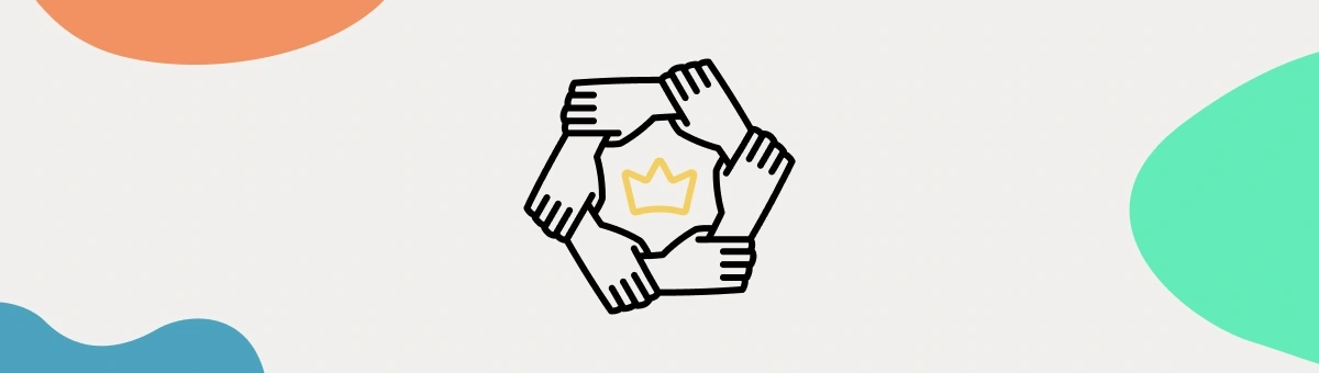 Hands holding together in a circle and a crown in the middle