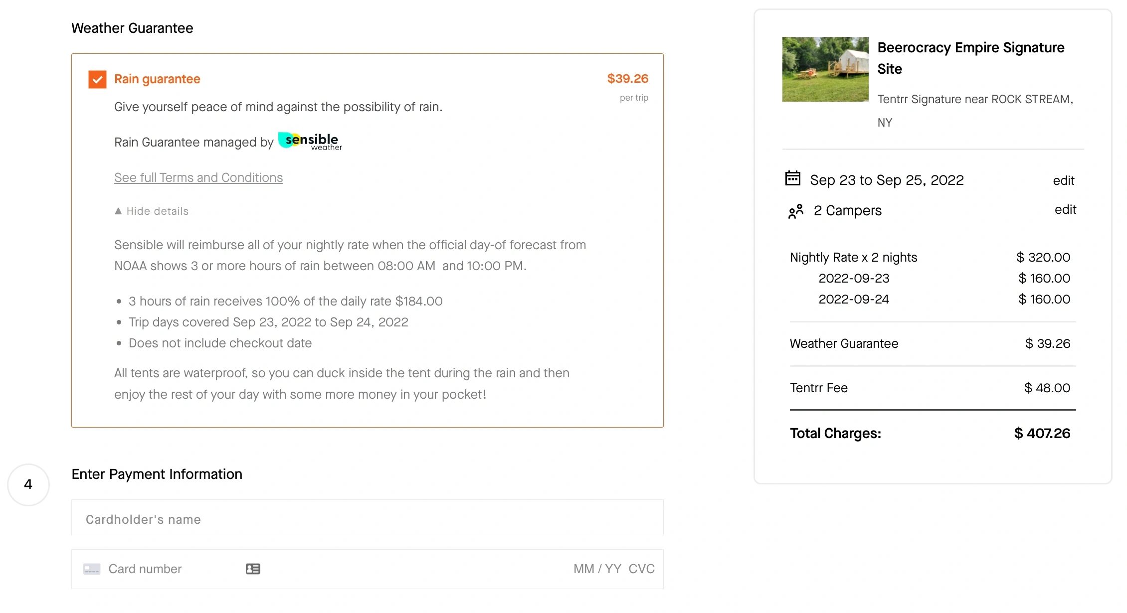 Screenshot of Tentrr's checkout flow with Sensible's Weather Guarantee offer