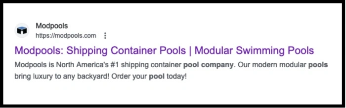 Example of a title and meta description for pool company that makes swimming pools from shipping containers.