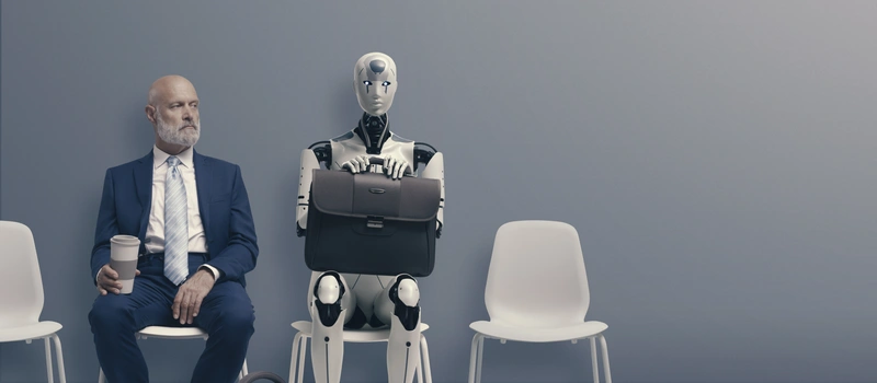 Man sitting next to AI robot