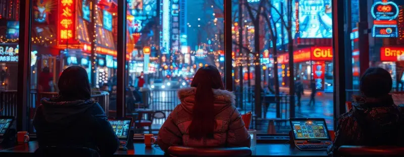 people sitting at a window in a cafe in China looking out onto the street 