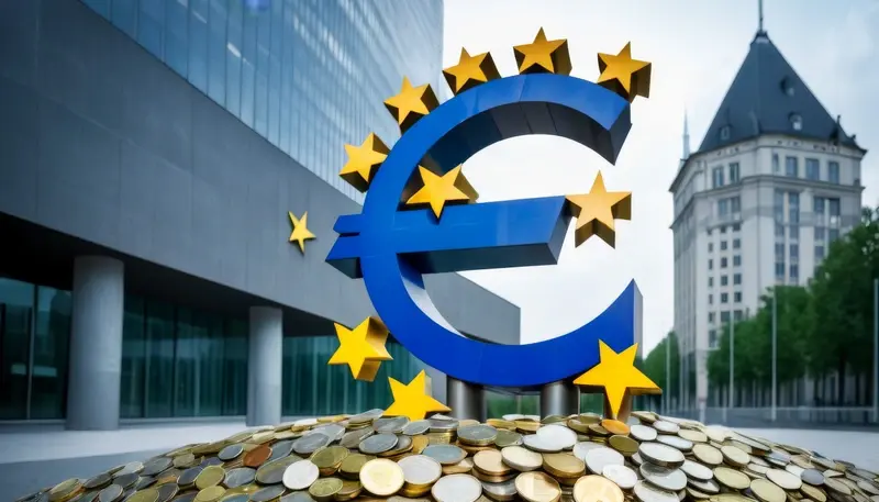 Euro symbol amid a pile of gold coins