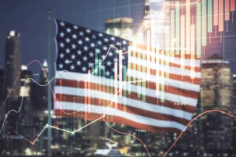 US flag against markets background