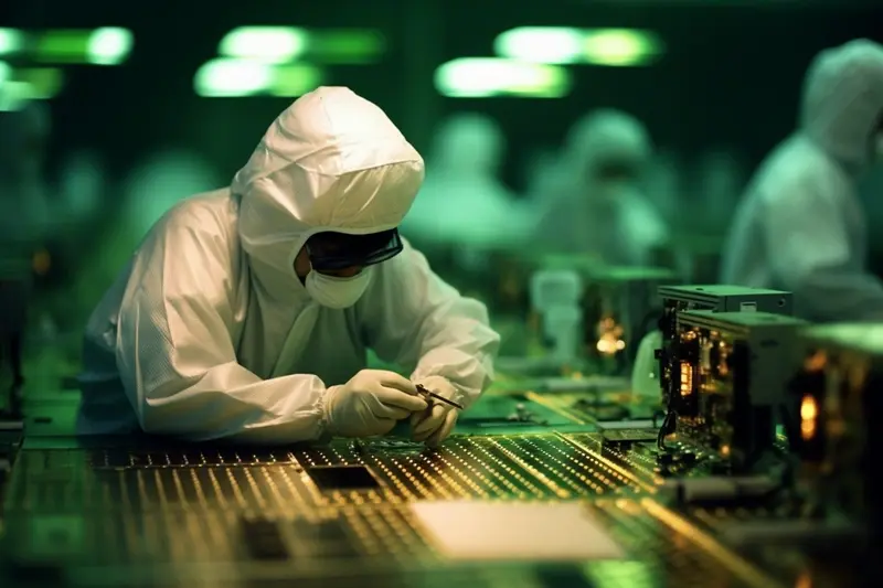 Technician working in chip fab facility