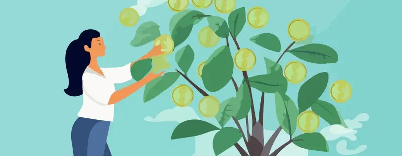Illustration, lady picking from a money tree