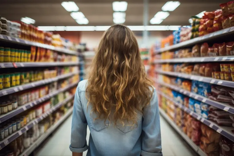 Woman shopper staring down supermarket aisle