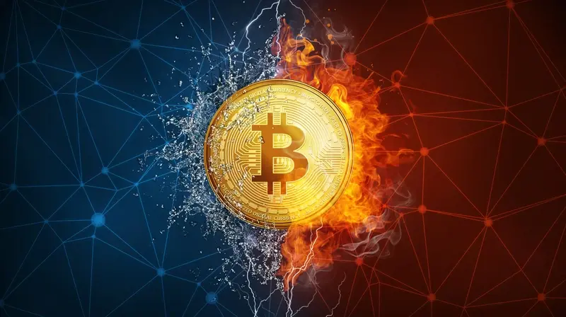 Bitcoin coin, fire and water 
