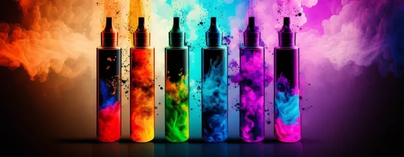 6 vapes surrounded by colourful clouds