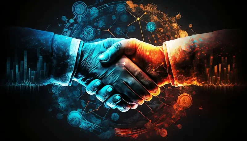 Businessmen shaking hands after merger