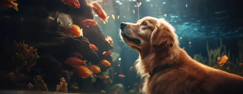 Dog looking at fish in a tank