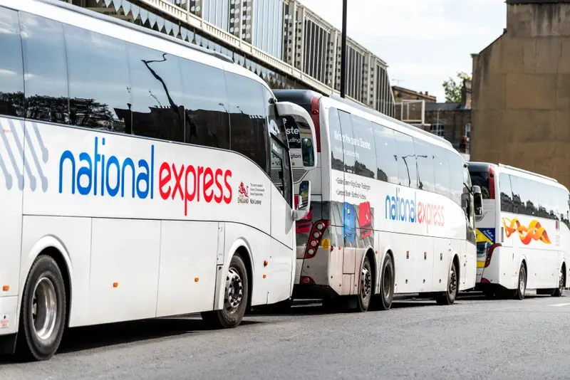 Parked National Express shuttle buses