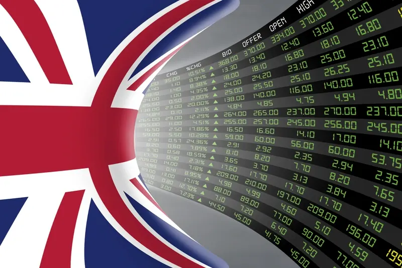 UK flag with stocks in the green
