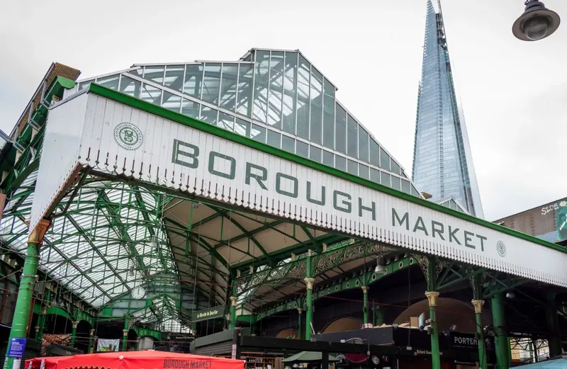 London's Borough Market with Shard in background