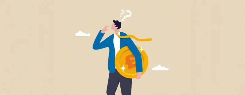 Illustration of man holding a very large pound coin