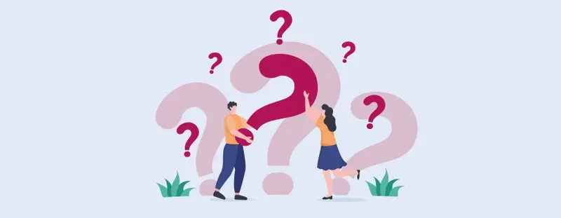 Illustration, a couple holding up question marks?