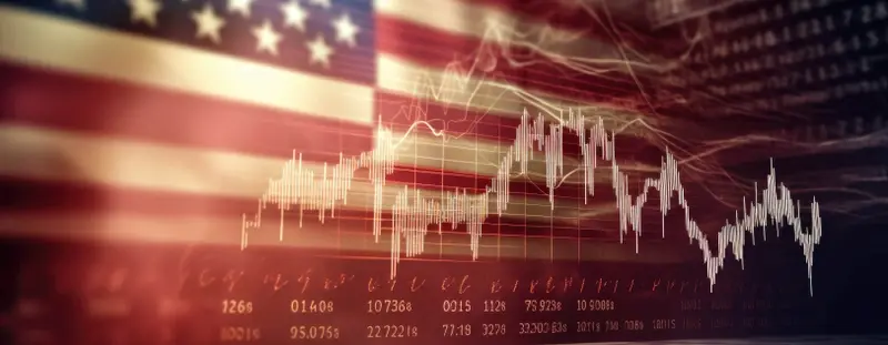 American flag with stock chart behind it