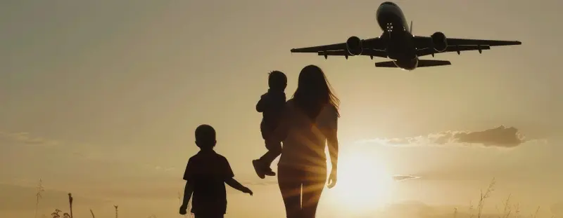 family at sunset with plane overhead