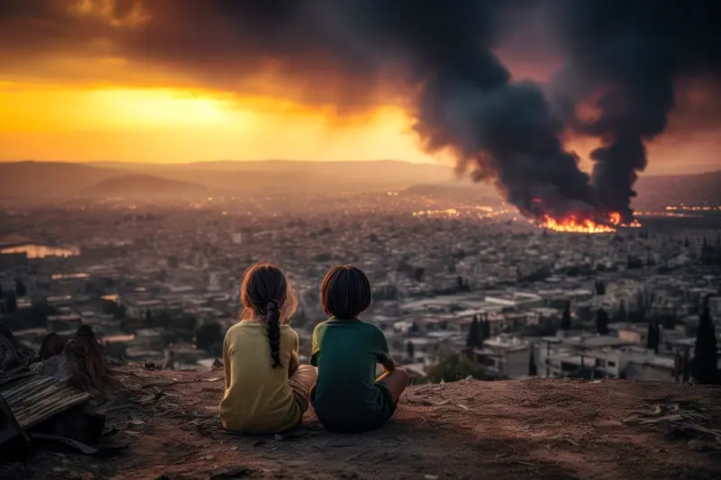 Children watching village burn