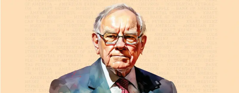 An image of Warren Buffett with the names of companies he invests in