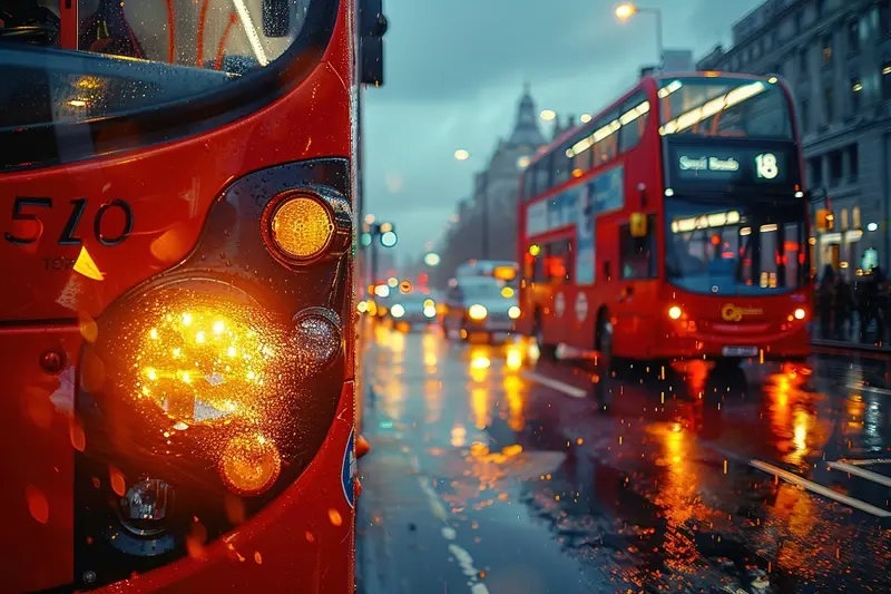 London buses on wet day