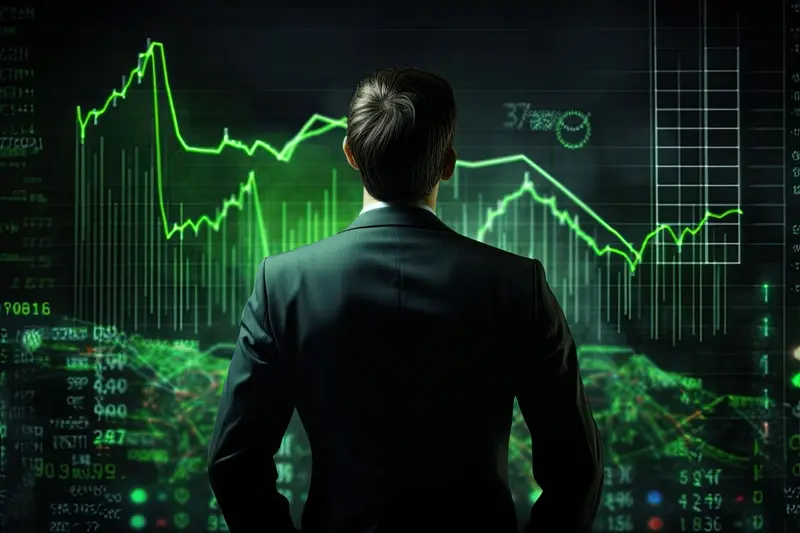 Businessman looking at graph of green stocks