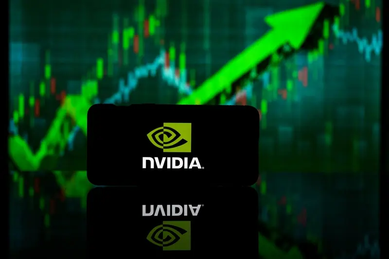 Nvidia name against stock market up arrow