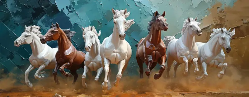 painting of seven horse running towards us