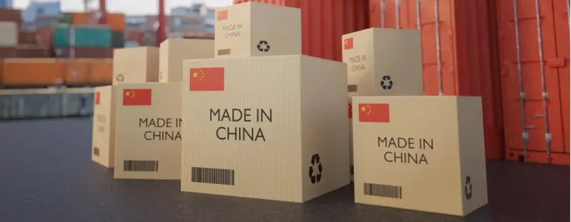 Boxes that have 'Made in China' and the Chinese flag printed on them