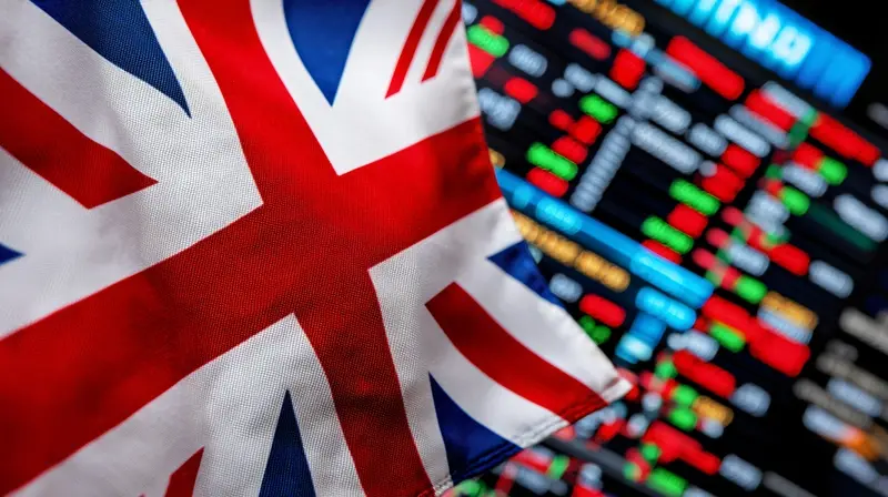 British flag with stock market tickers in background