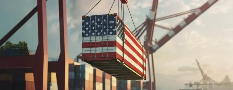 Shipping container covered in American flag 