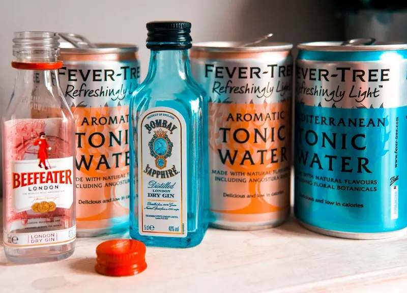 Empty bottle's of Beefeater Gin and Bombay Sapphire Gin with empty cans of Fever-Tree Tonic Water