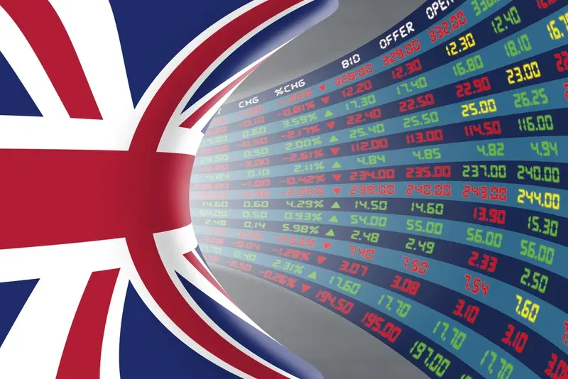 UK flag with stock price background