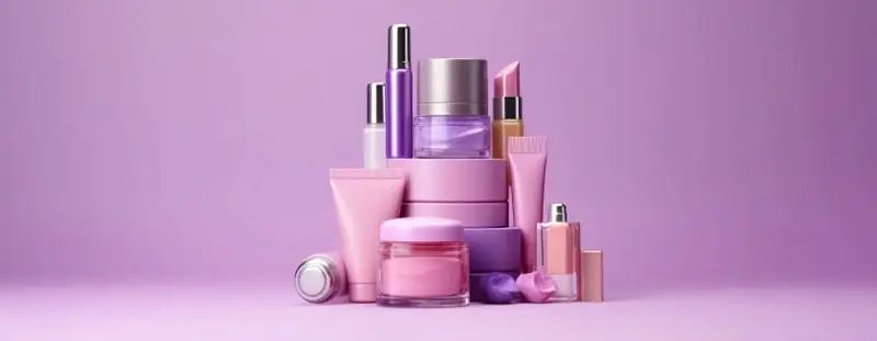 Various cosmetic products on a pink background