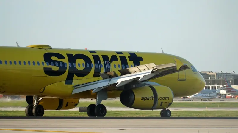 Spirit plane taxiing on runway