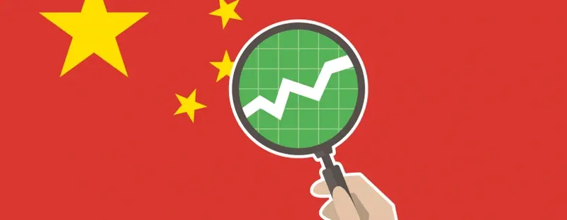 Illustration: magnifying glass looking at data. Chinese flag background