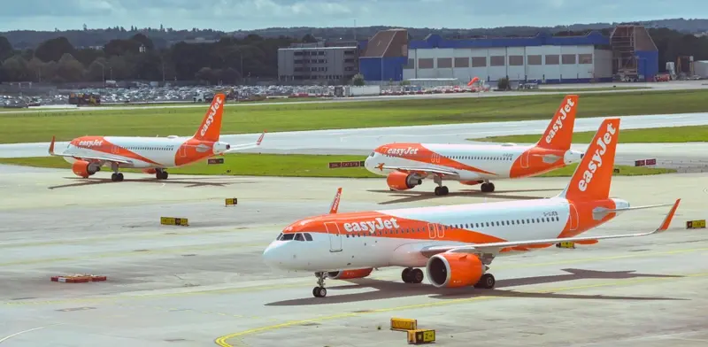 A fleet of easyJet planes on a runway