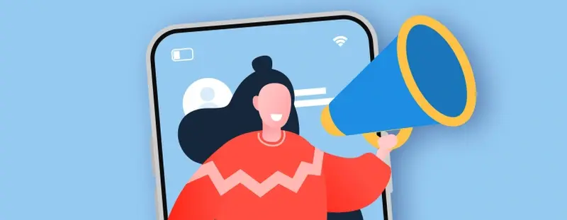 Illustration of phone and woman with a megaphone 