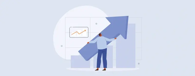 Illustration, man holding an arrow against charts in background