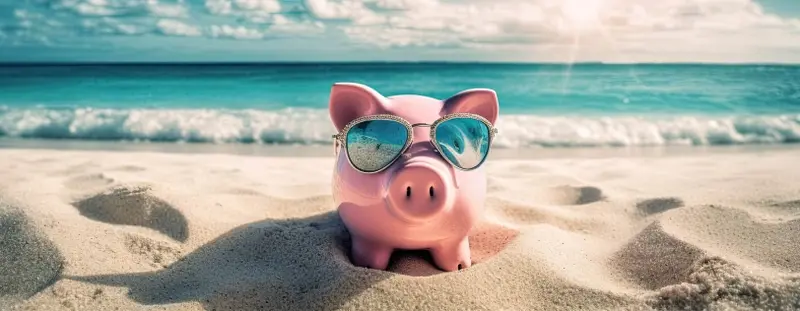 Piggy bank on beach with sunglasses on