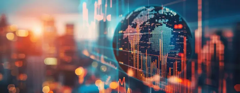 Illustration, data, charts, globe and city skyline