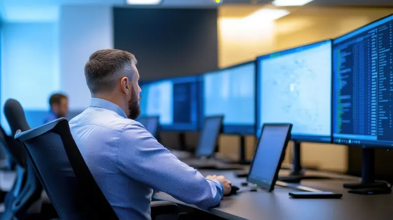 Employees sitting at bank of computers