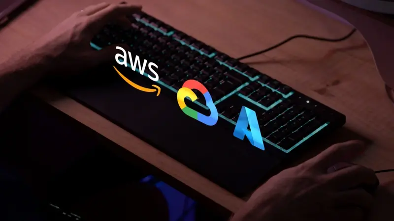 Keyboard with AWS, Azure, Google Cloud graphics overlaid