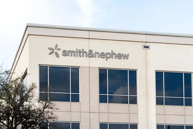 Smith & Nephew logo on side of office building 