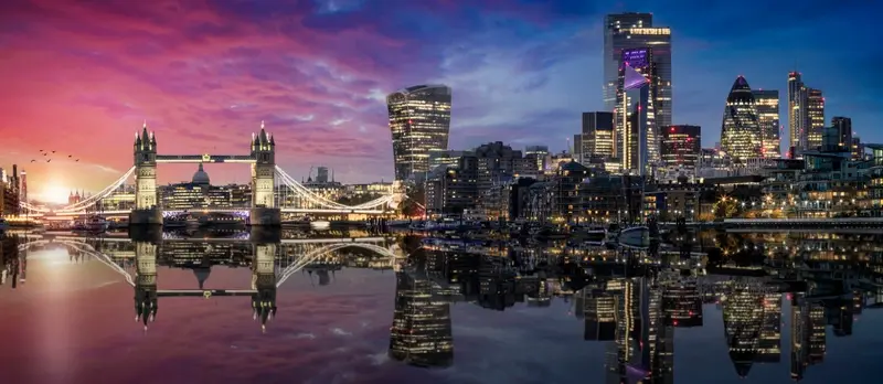 London city skyline at sunset