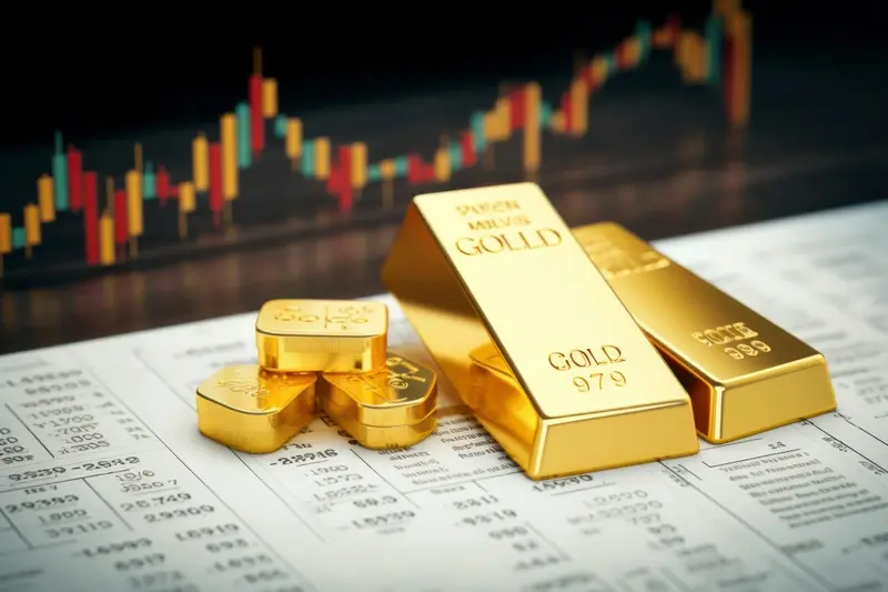 Gold bar against market graphs