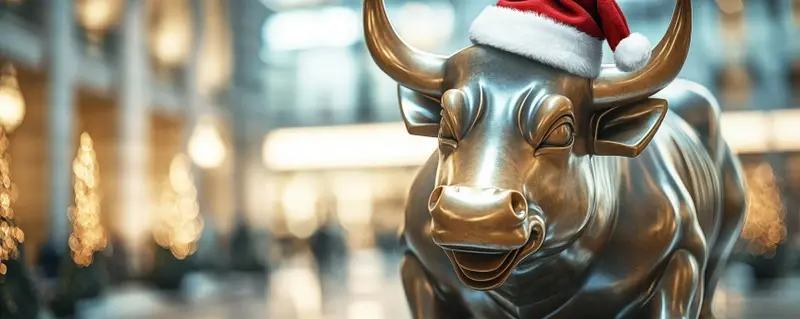 Bull statue wearing Santa hat