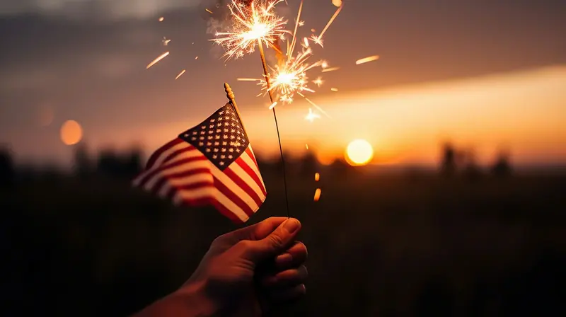 Picture of a hand holding a sparkler and American flag at sunset