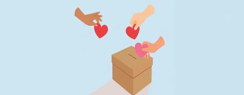 illustration, hands dropping hearts into a box