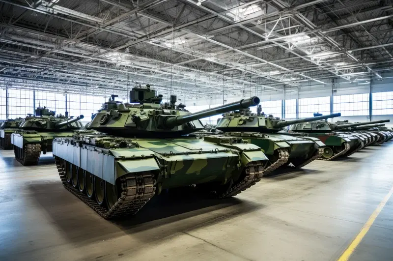 Modern military tanks stored in a warehouse