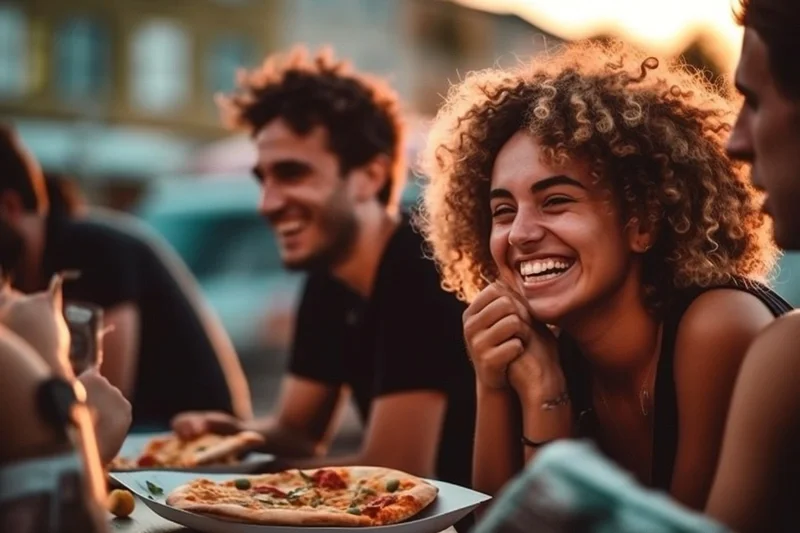 Man and women eating lunch outside 